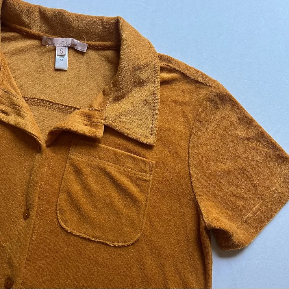 HUTCH Anthropologie mustard yellow terry cloth knit short sleeve button up shirt - Picture 2 of 6